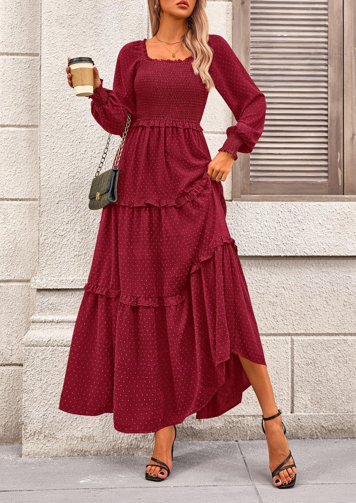 Beige Swiss Dot Smocked Tiered Maxi Dress - Long Sleeve, photo 129