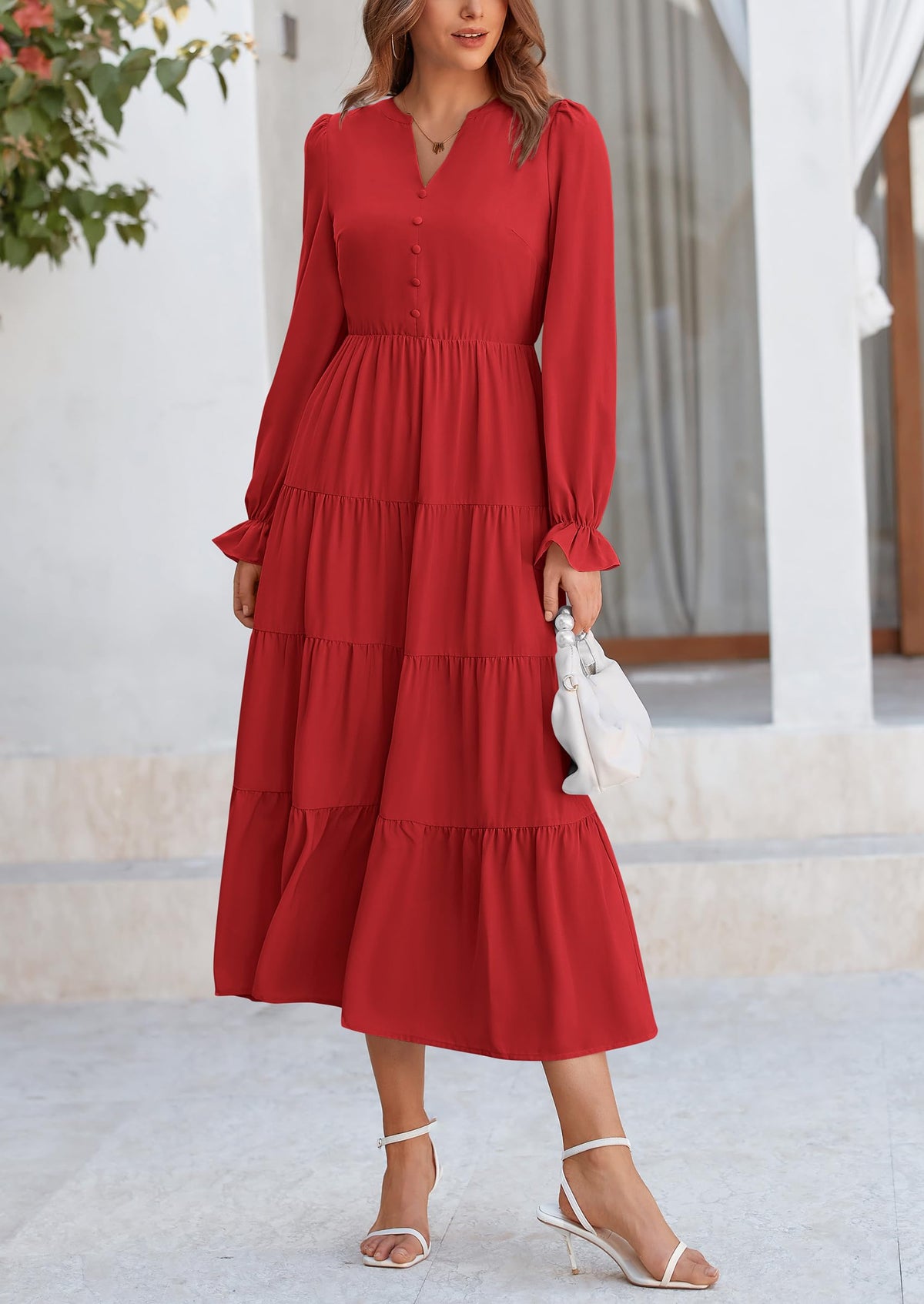 Brick Red Swiss Dot Smocked Tiered Maxi Dress - Long Sleeve, photo 136