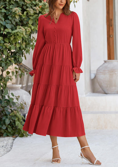 Brick Red Swiss Dot Smocked Tiered Maxi Dress - Long Sleeve, photo 137