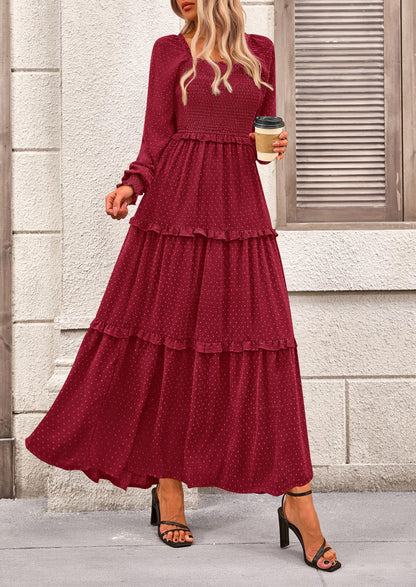 Beige Swiss Dot Smocked Tiered Maxi Dress - Long Sleeve, photo 132