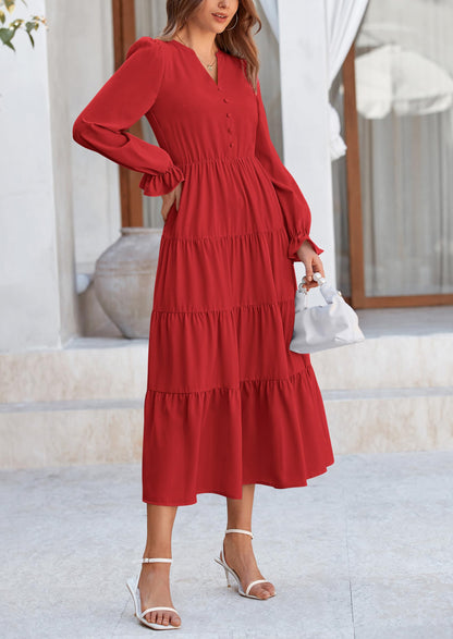 Brick Red Swiss Dot Smocked Tiered Maxi Dress - Long Sleeve, photo 139