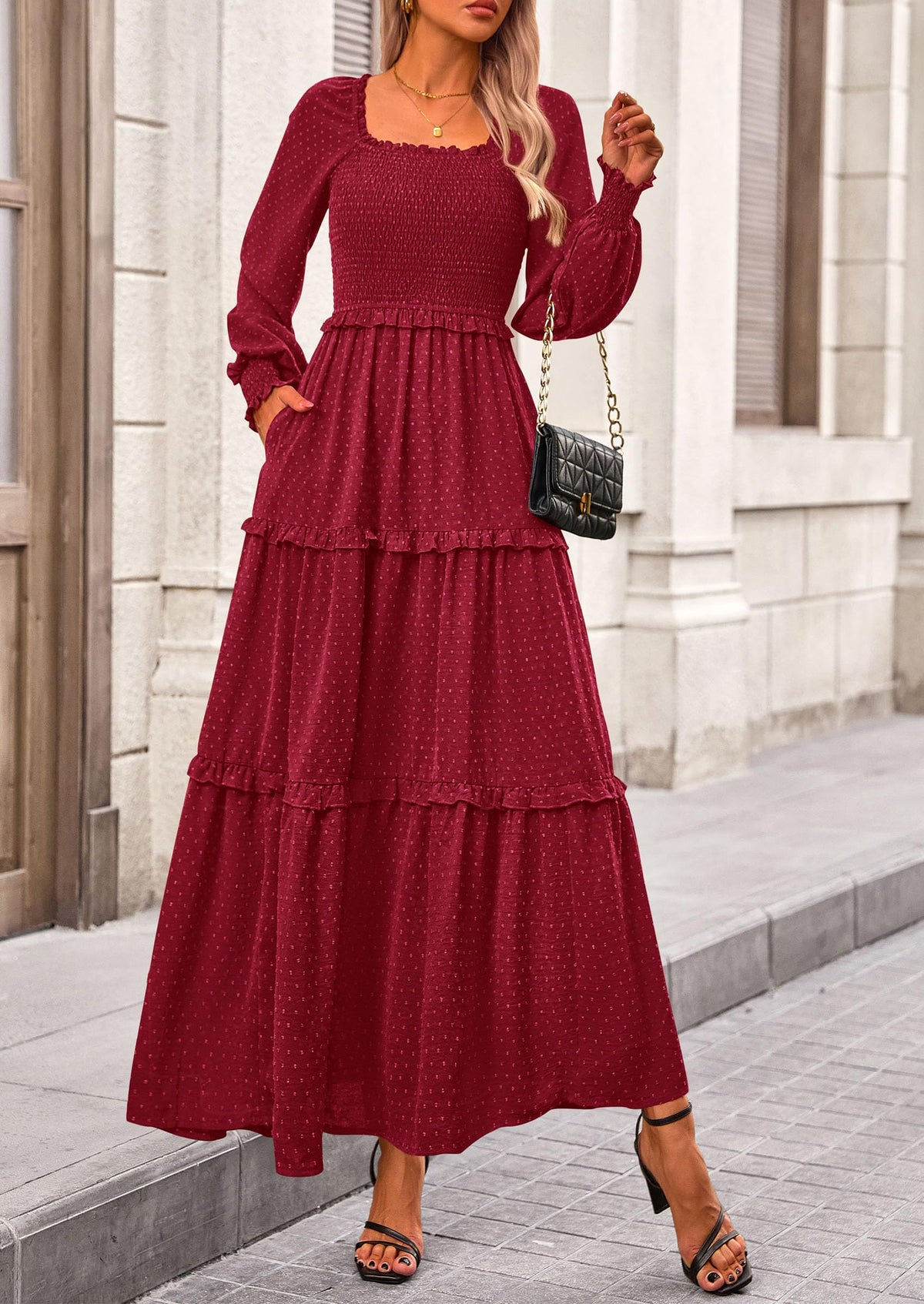 Beige Swiss Dot Smocked Tiered Maxi Dress - Long Sleeve, photo 133