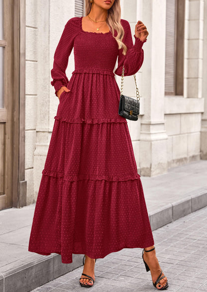 Beige Swiss Dot Smocked Tiered Maxi Dress - Long Sleeve, photo 133