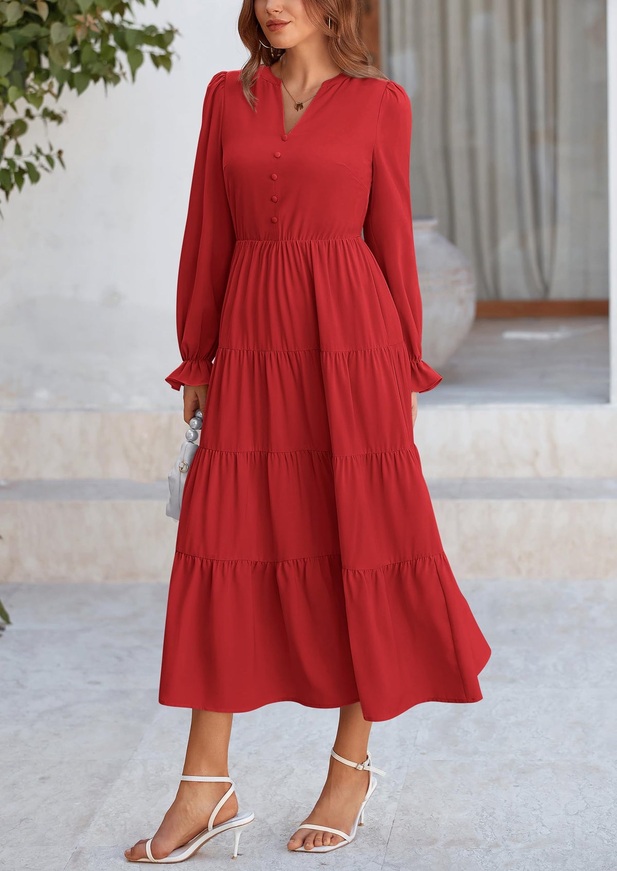 Brick Red Swiss Dot Smocked Tiered Maxi Dress - Long Sleeve, photo 140