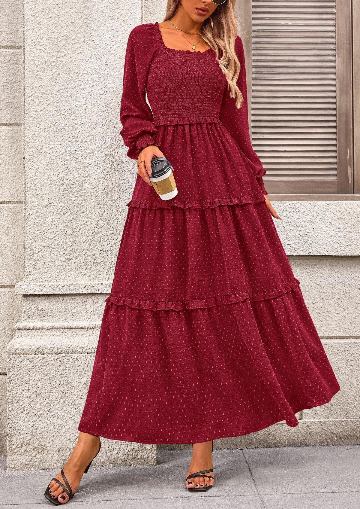 Beige Swiss Dot Smocked Tiered Maxi Dress - Long Sleeve, photo 134