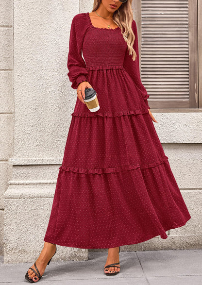 Beige Swiss Dot Smocked Tiered Maxi Dress - Long Sleeve, photo 134