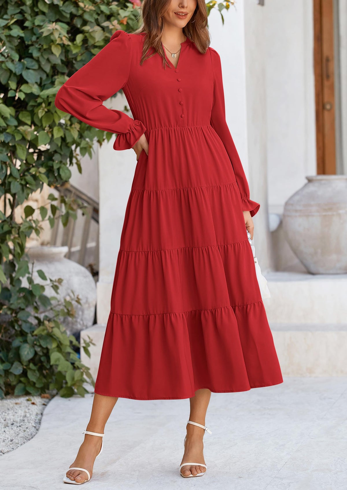 Brick Red Swiss Dot Smocked Tiered Maxi Dress - Long Sleeve, photo 134