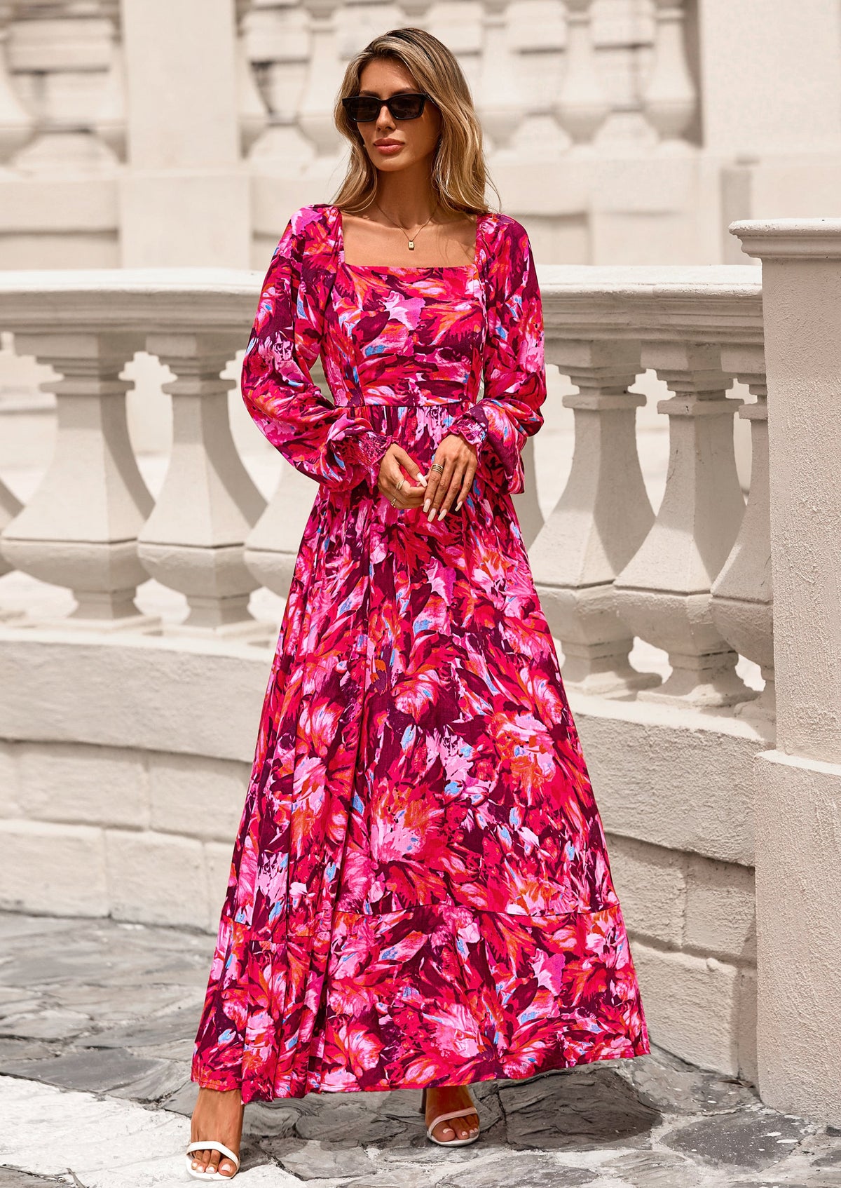 Floral A-Line Flowy Maxi Dress - Long Sleeve, Square Neck, photo 27
