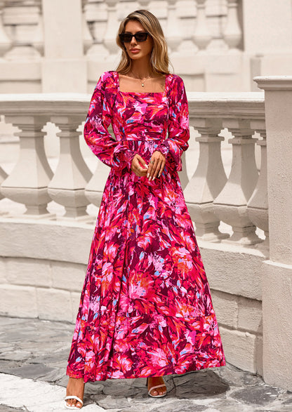 Floral A-Line Flowy Maxi Dress - Long Sleeve, Square Neck, photo 27