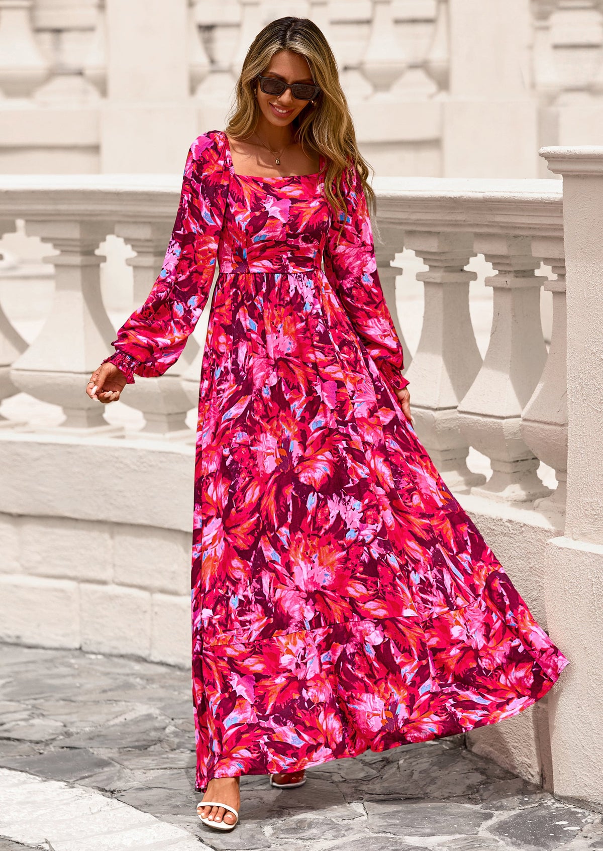 Floral A-Line Flowy Maxi Dress - Long Sleeve, Square Neck, photo 28