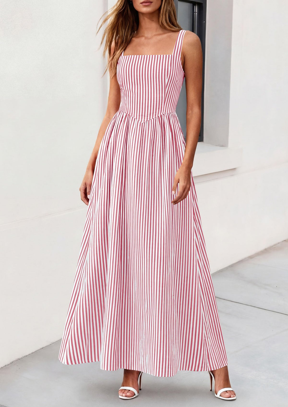 Striped Smocked A-Line Maxi Dress - Sleeveless, Square Neck, photo 34