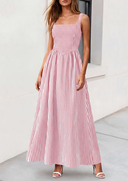 Striped Smocked A-Line Maxi Dress - Sleeveless, Square Neck, photo 34