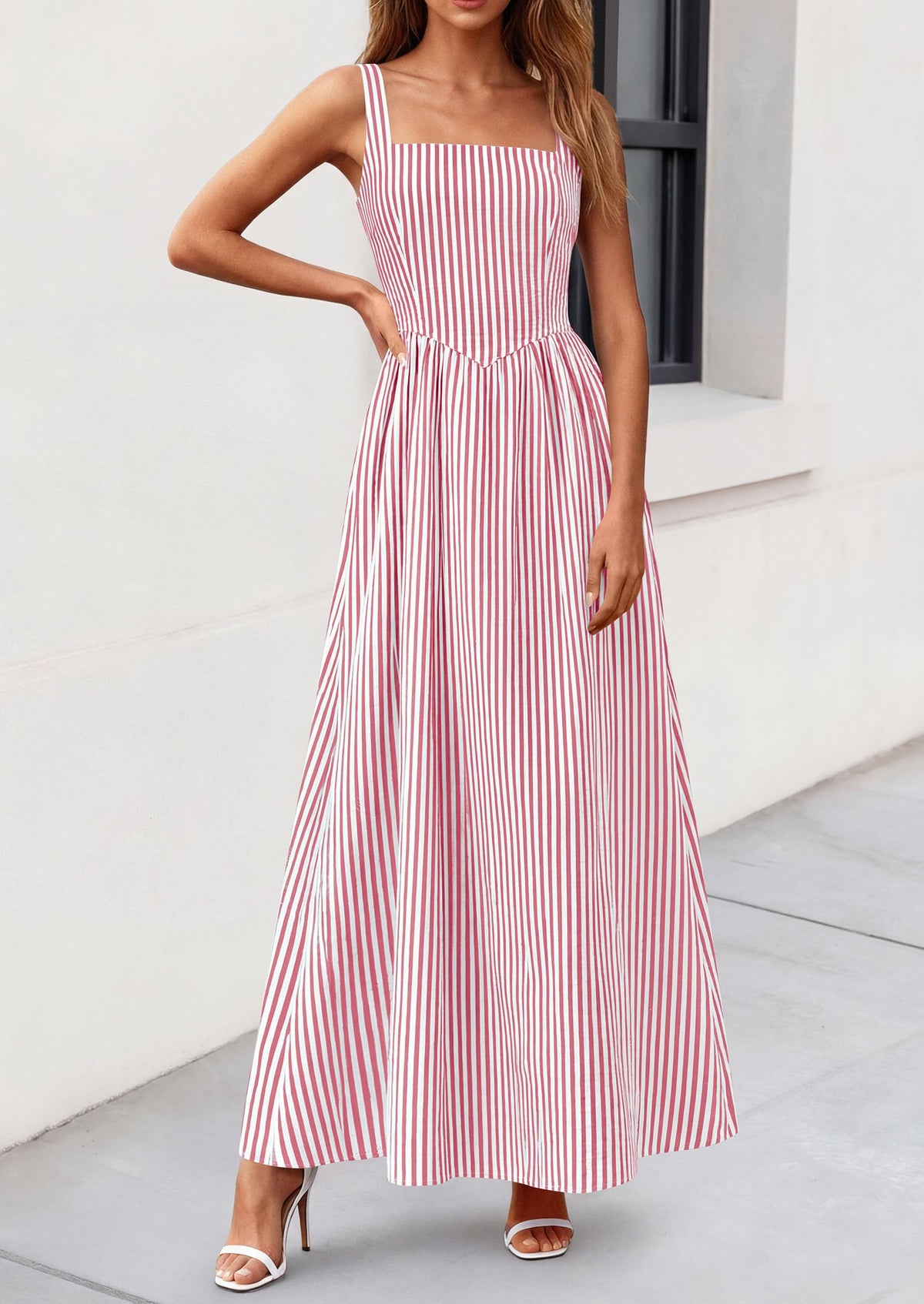 Striped Smocked A-Line Maxi Dress - Sleeveless, Square Neck, photo 31