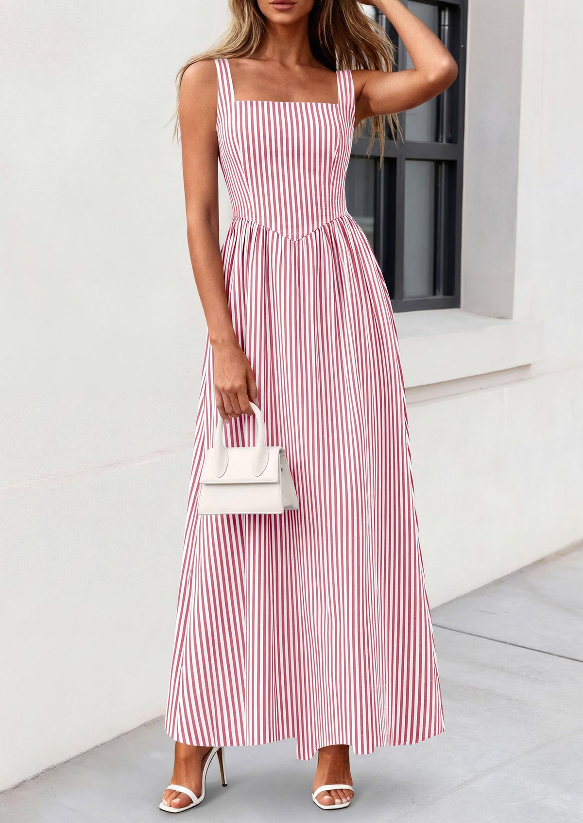Striped Smocked A-Line Maxi Dress - Sleeveless, Square Neck, photo 32