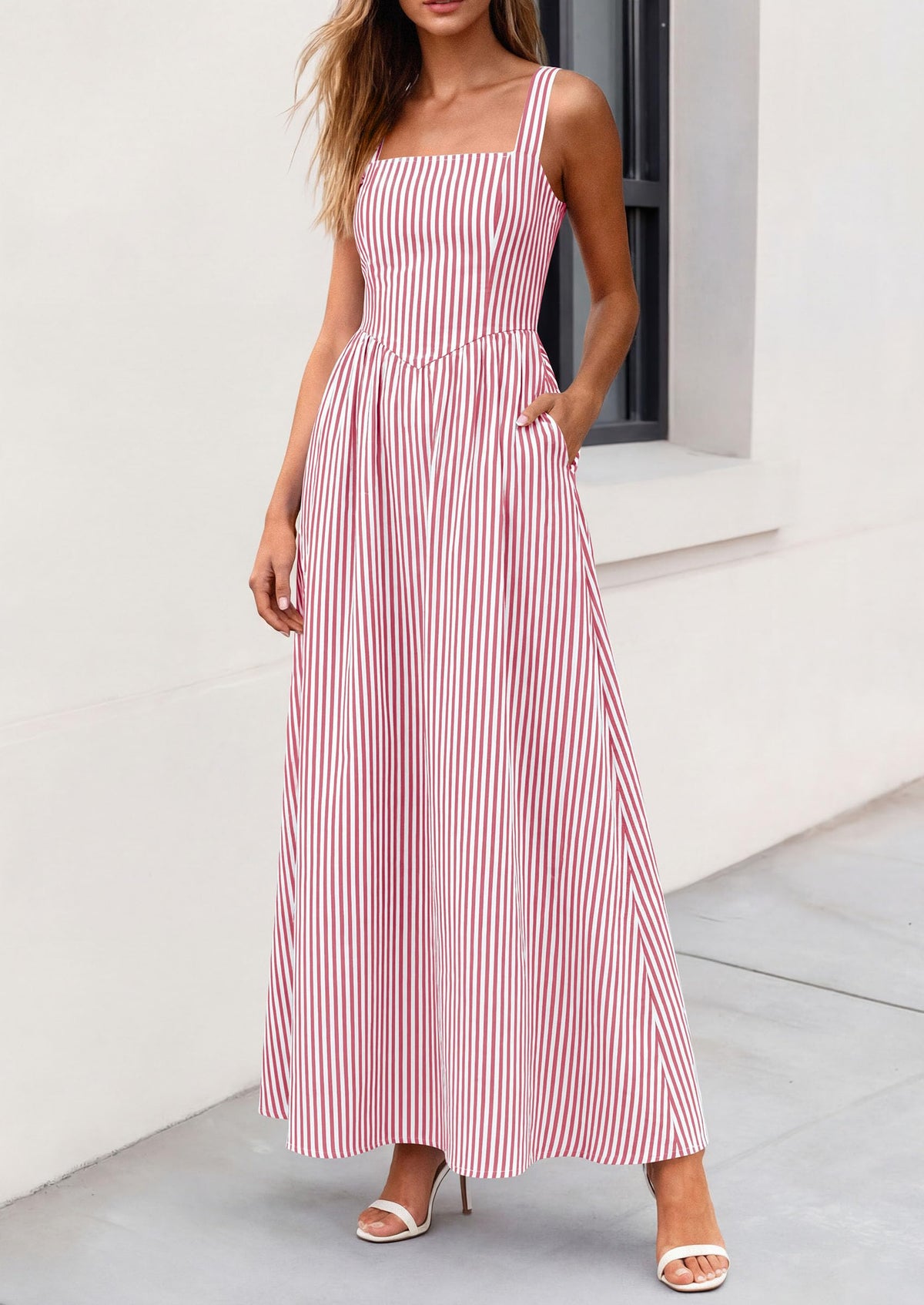 Striped Smocked A-Line Maxi Dress - Sleeveless, Square Neck, photo 33