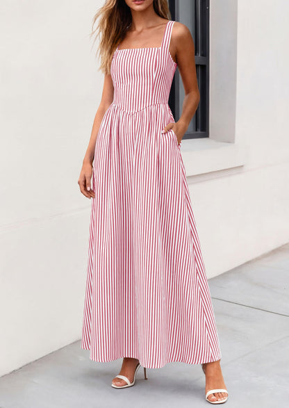 Striped Smocked A-Line Maxi Dress - Sleeveless, Square Neck, photo 33