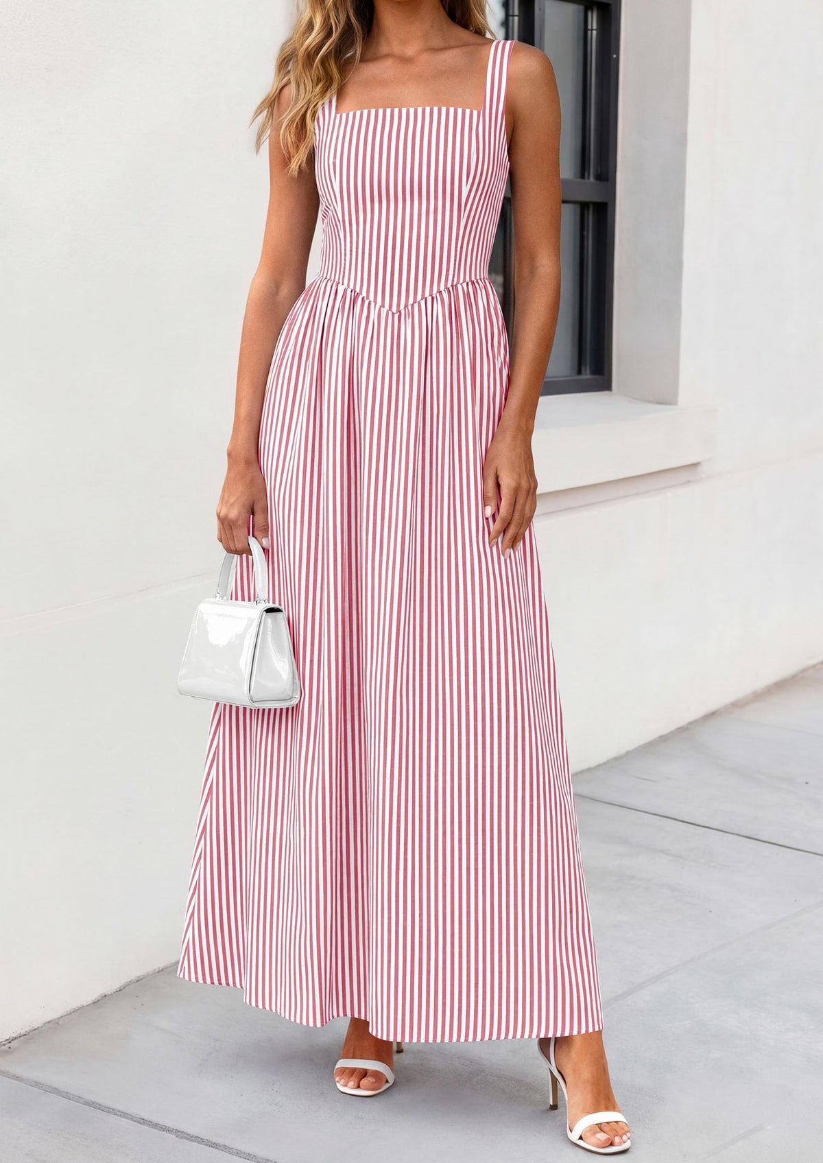 Striped Smocked A-Line Maxi Dress - Sleeveless, Square Neck, photo 35