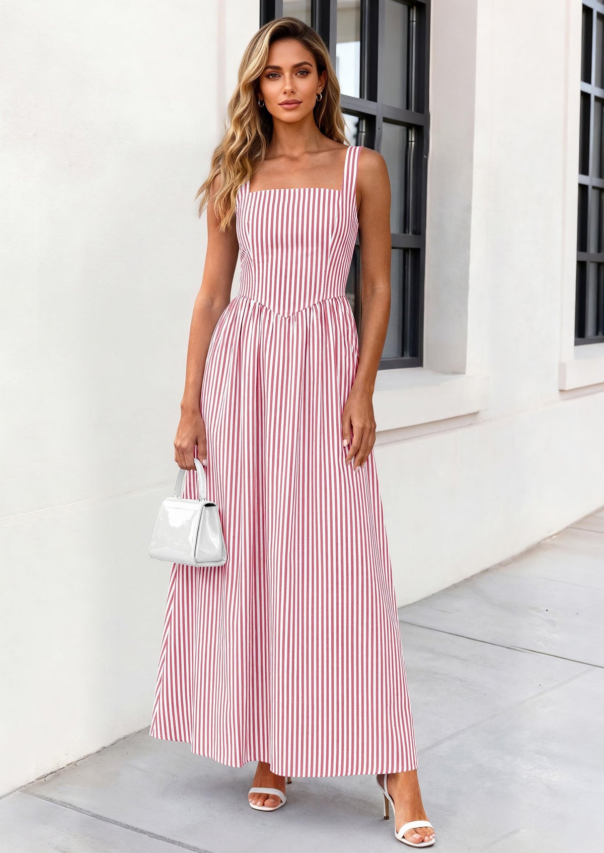 Striped Smocked A-Line Maxi Dress - Sleeveless, Square Neck, photo 30