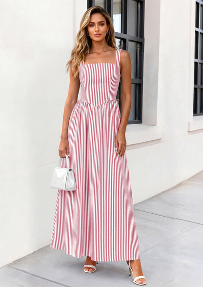 Striped Smocked A-Line Maxi Dress - Sleeveless, Square Neck, photo 30