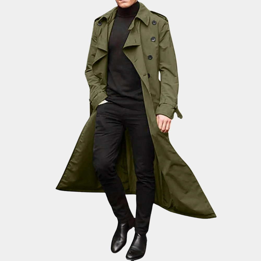 Men's vintage-inspired long trench coat by Orsenvi in classic cut with elongated commanding silhouette