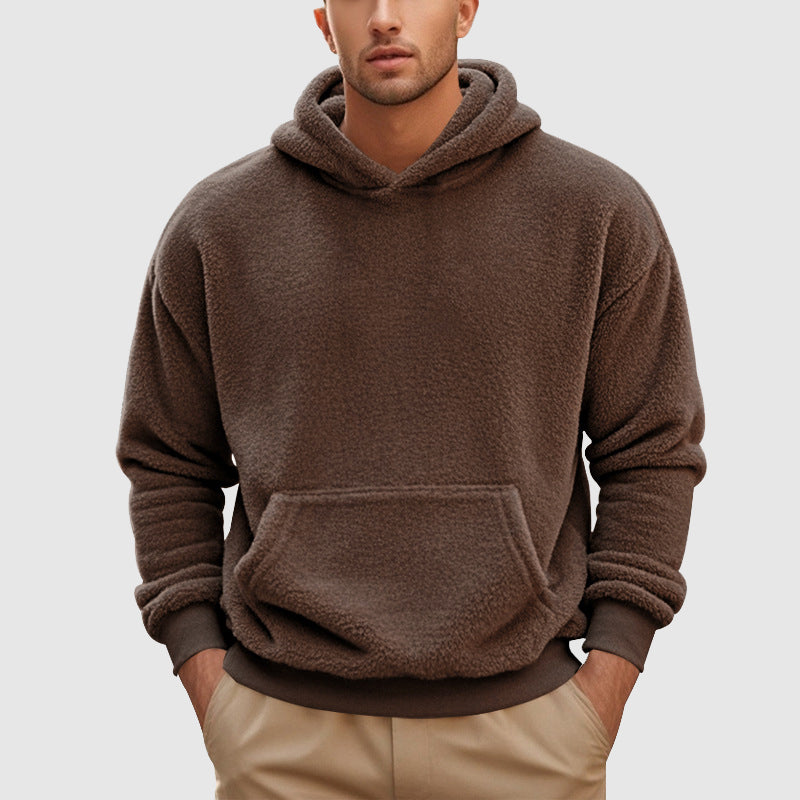 Men's gray fleece pullover hoodie relaxed fit with kangaroo pocket and ribbed trim by Orsenvi