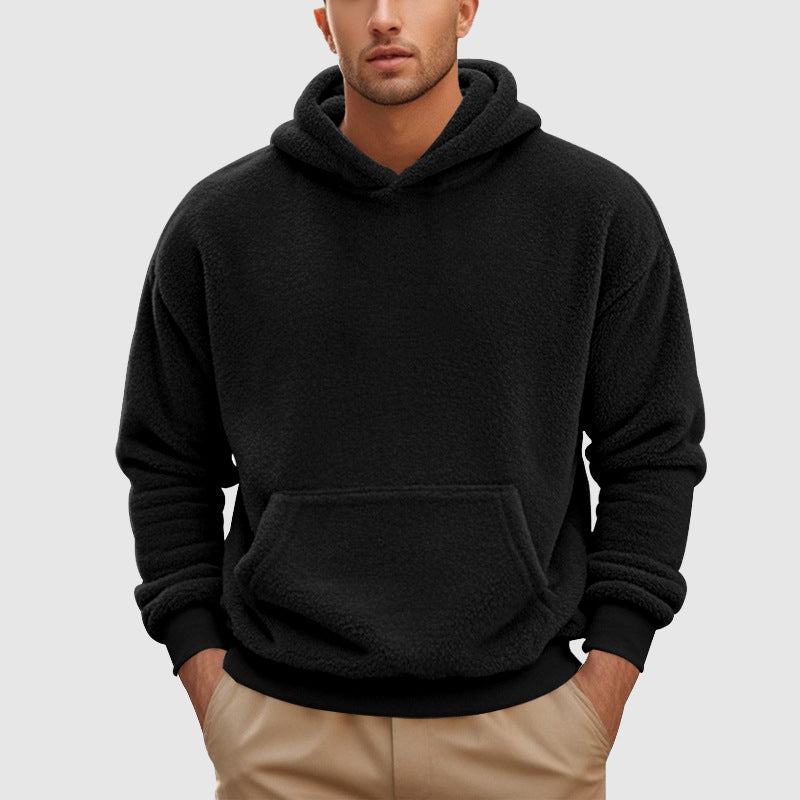 Men's gray fleece pullover hoodie relaxed fit with kangaroo pocket and ribbed trim by Orsenvi