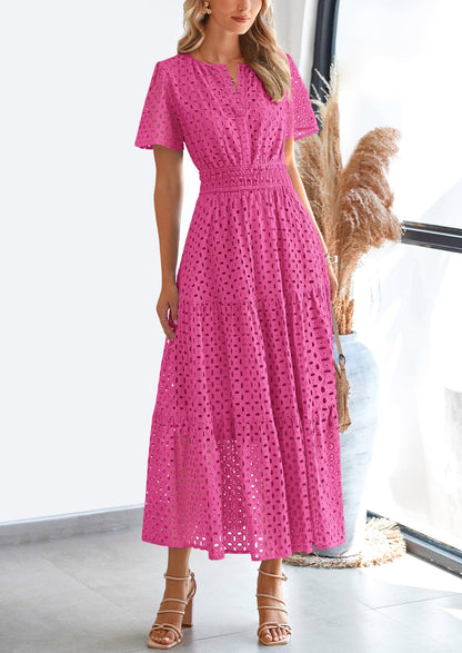 Eyelet A-Line Flowy Maxi Dress - Short Sleeve, V-Neck, Beach - photo 41