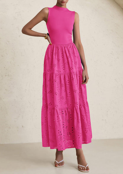 Eyelet Maxi Dress - Sleeveless, Mock Neck, Casual - photo 46