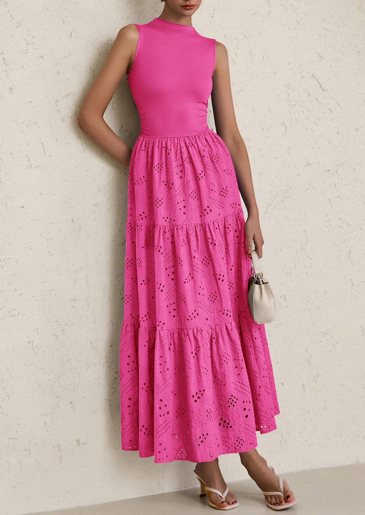 Eyelet Maxi Dress - Sleeveless, Mock Neck, Casual - photo 49