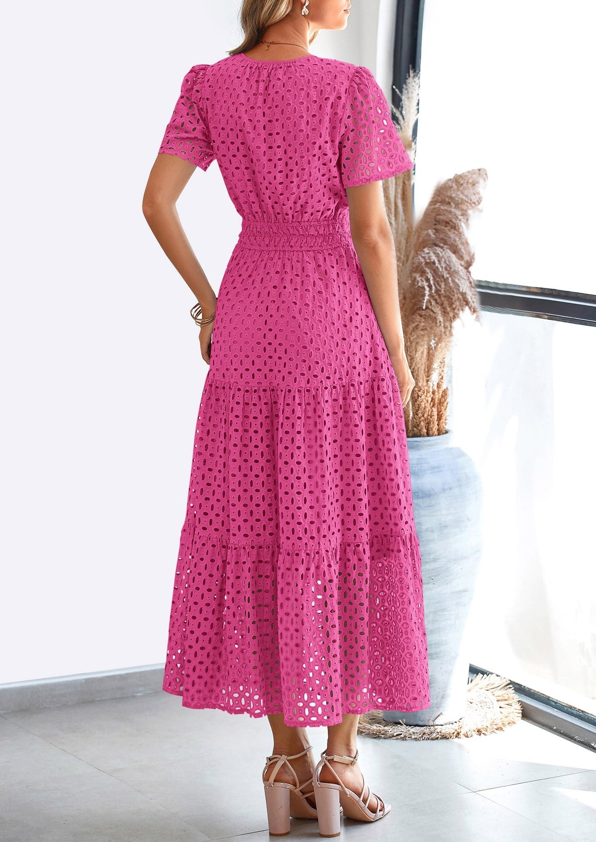 Eyelet A-Line Flowy Maxi Dress - Short Sleeve, V-Neck, Beach - photo 39