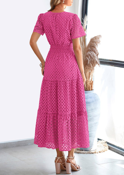 Eyelet A-Line Flowy Maxi Dress - Short Sleeve, V-Neck, Beach - photo 39