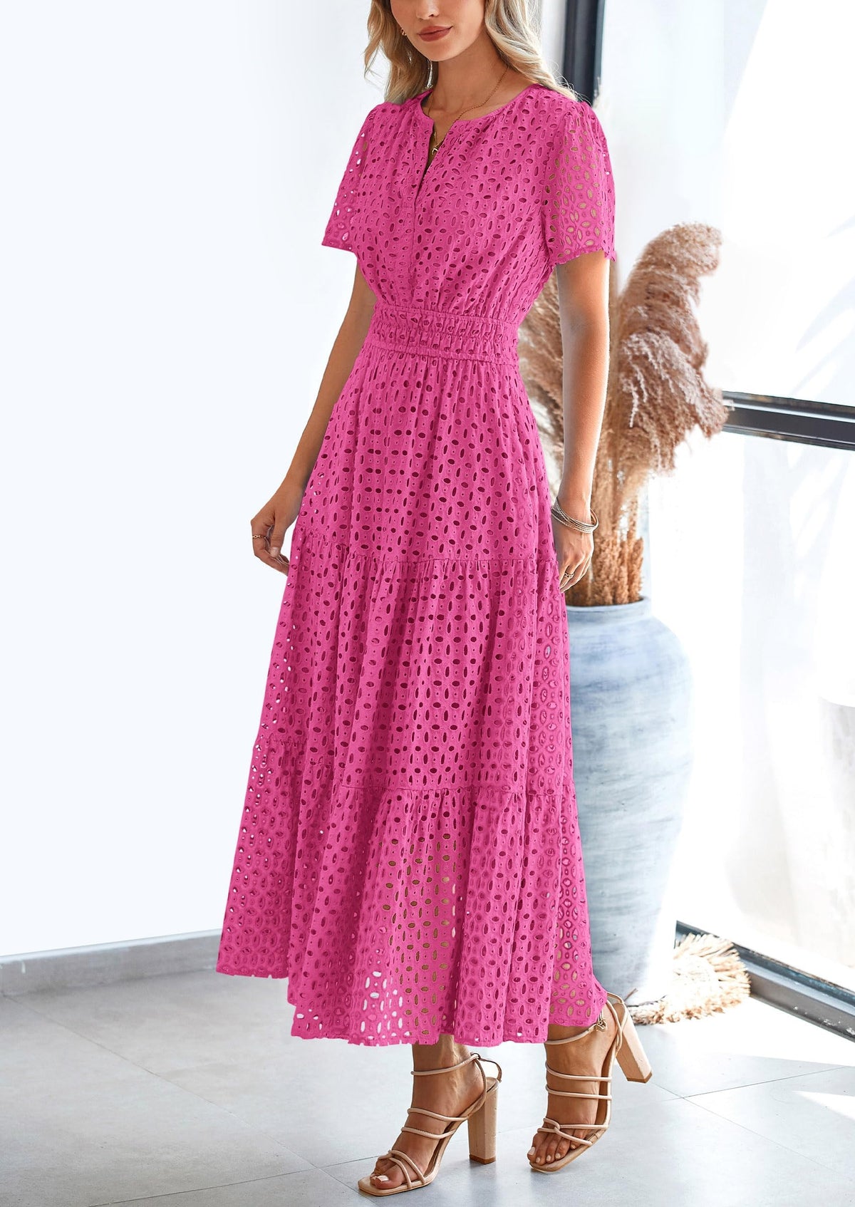 Eyelet A-Line Flowy Maxi Dress - Short Sleeve, V-Neck, Beach - photo 43