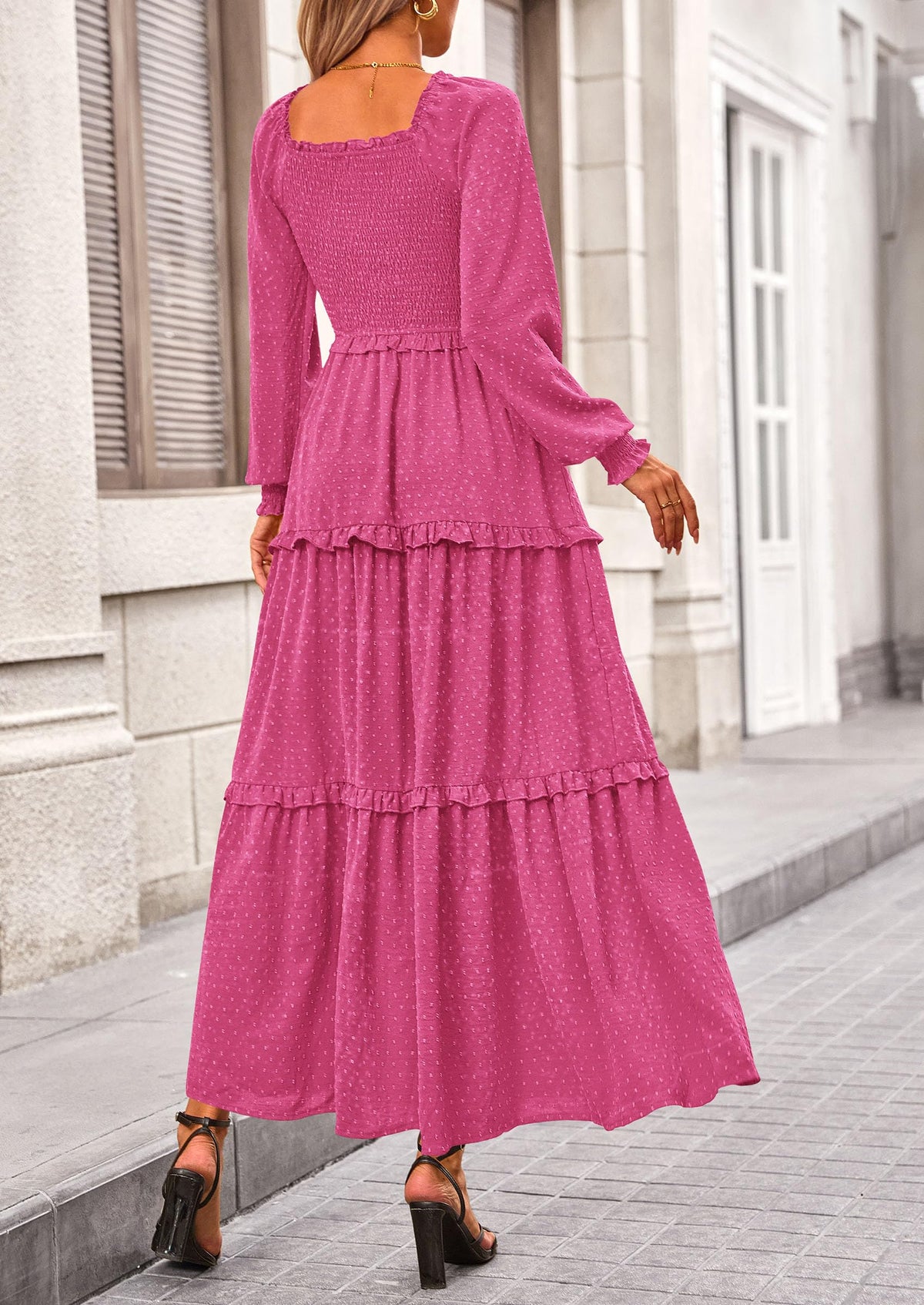 Beige Swiss Dot Smocked Tiered Maxi Dress - Long Sleeve, photo 137