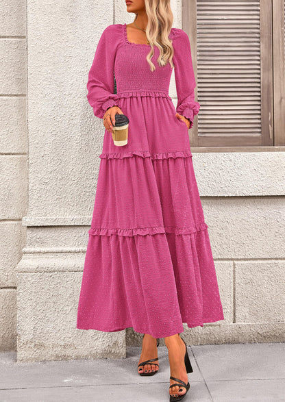 Beige Swiss Dot Smocked Tiered Maxi Dress - Long Sleeve, photo 138