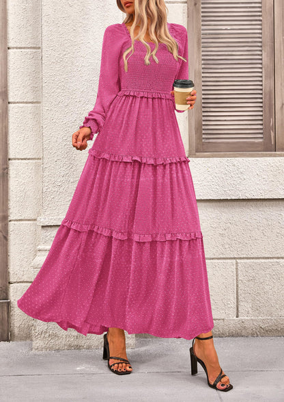 Beige Swiss Dot Smocked Tiered Maxi Dress - Long Sleeve, photo 139