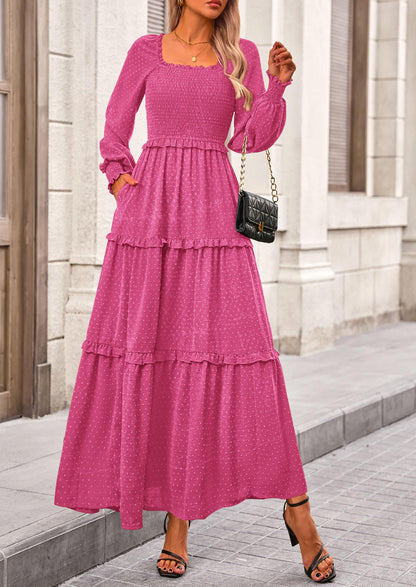 Beige Swiss Dot Smocked Tiered Maxi Dress - Long Sleeve, photo 140