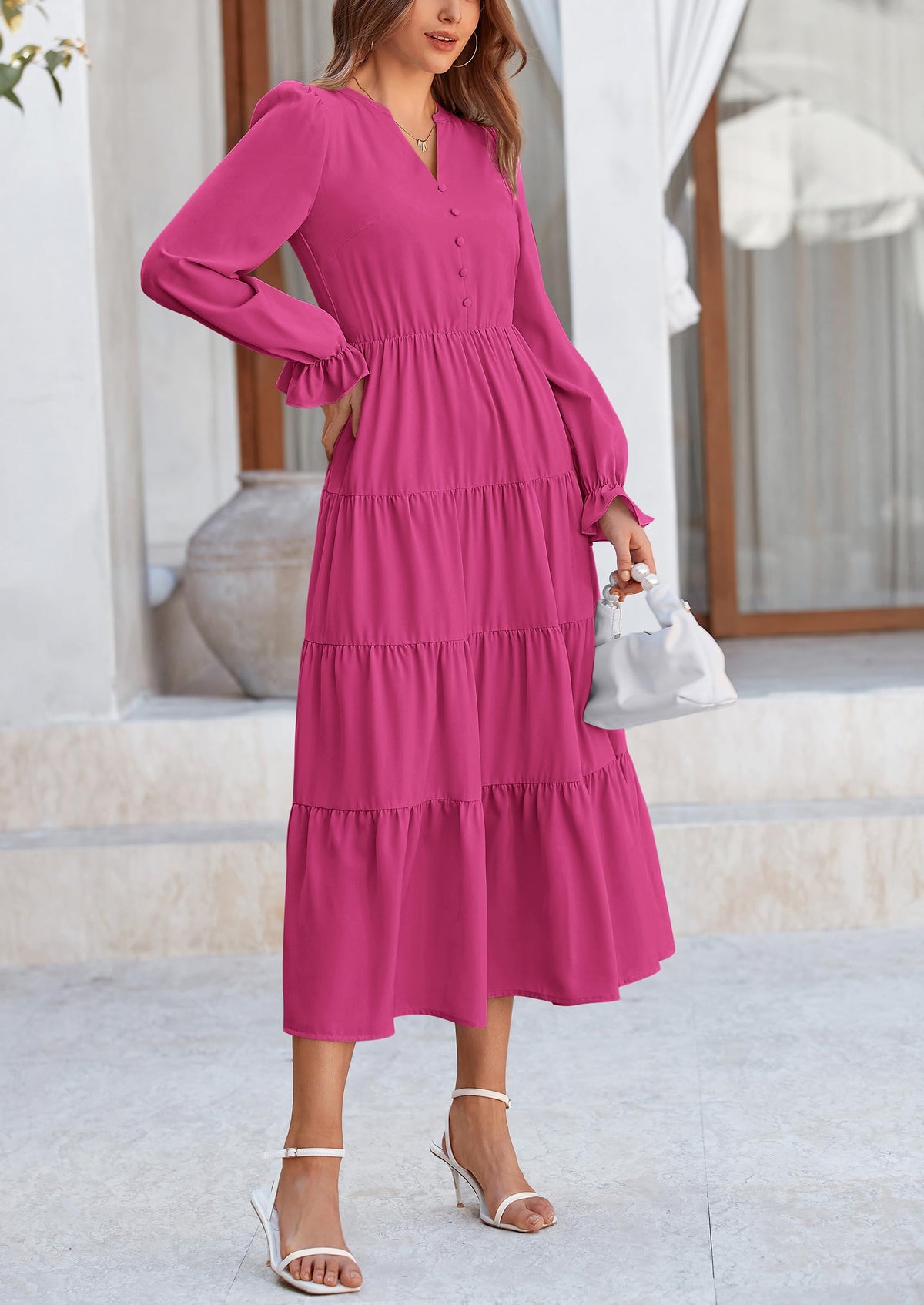Brick Red Swiss Dot Smocked Tiered Maxi Dress - Long Sleeve, photo 146