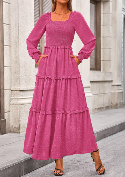 Beige Swiss Dot Smocked Tiered Maxi Dress - Long Sleeve, photo 142