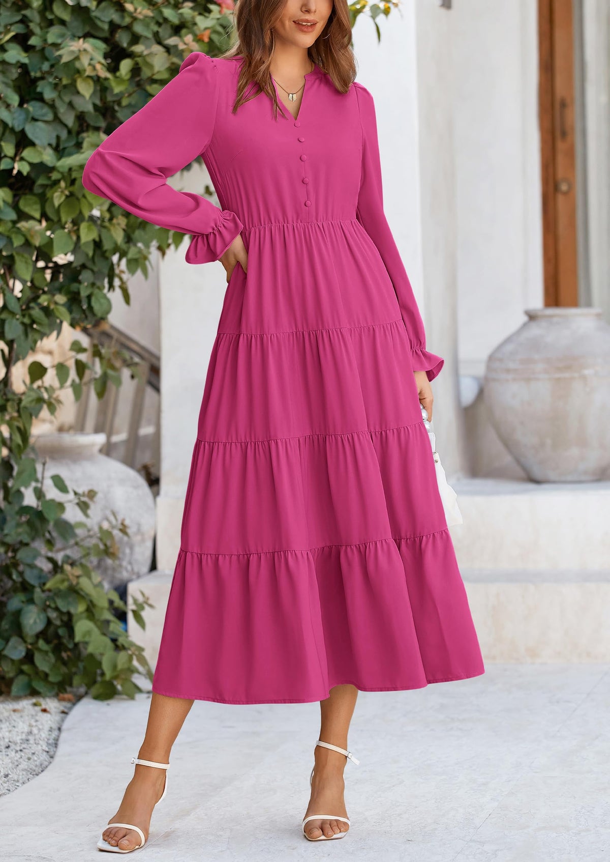 Brick Red Swiss Dot Smocked Tiered Maxi Dress - Long Sleeve, photo 141