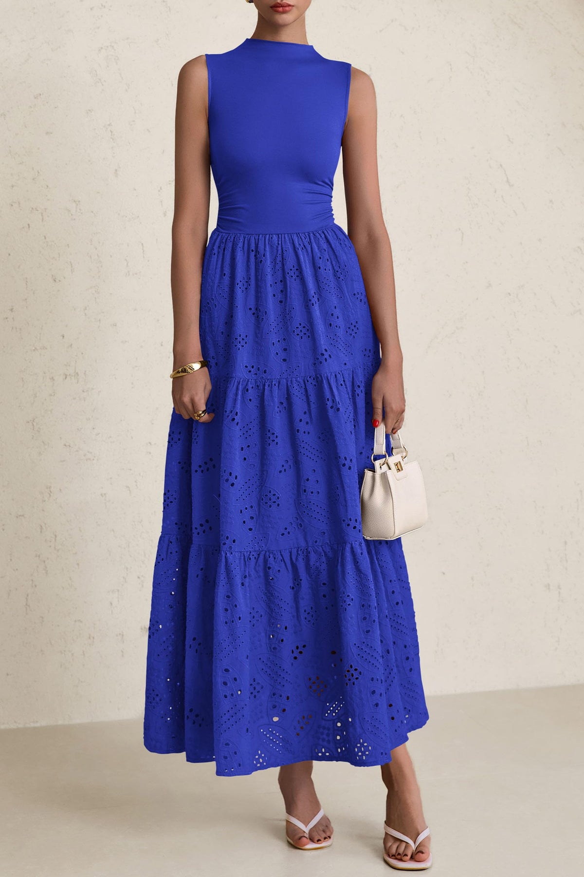 Eyelet Maxi Dress - Sleeveless, Mock Neck, Casual - photo 58