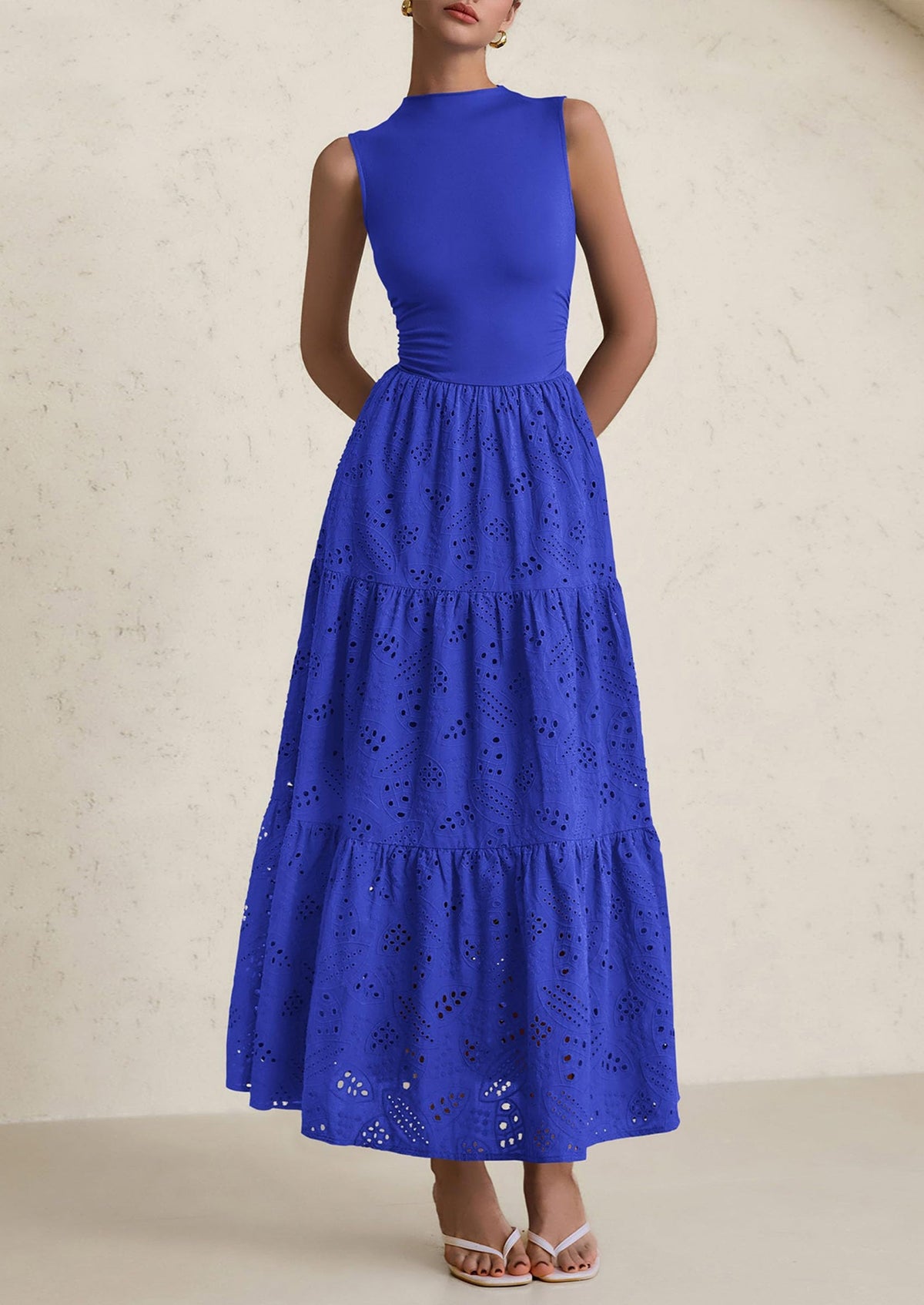 Eyelet Maxi Dress - Sleeveless, Mock Neck, Casual - photo 56
