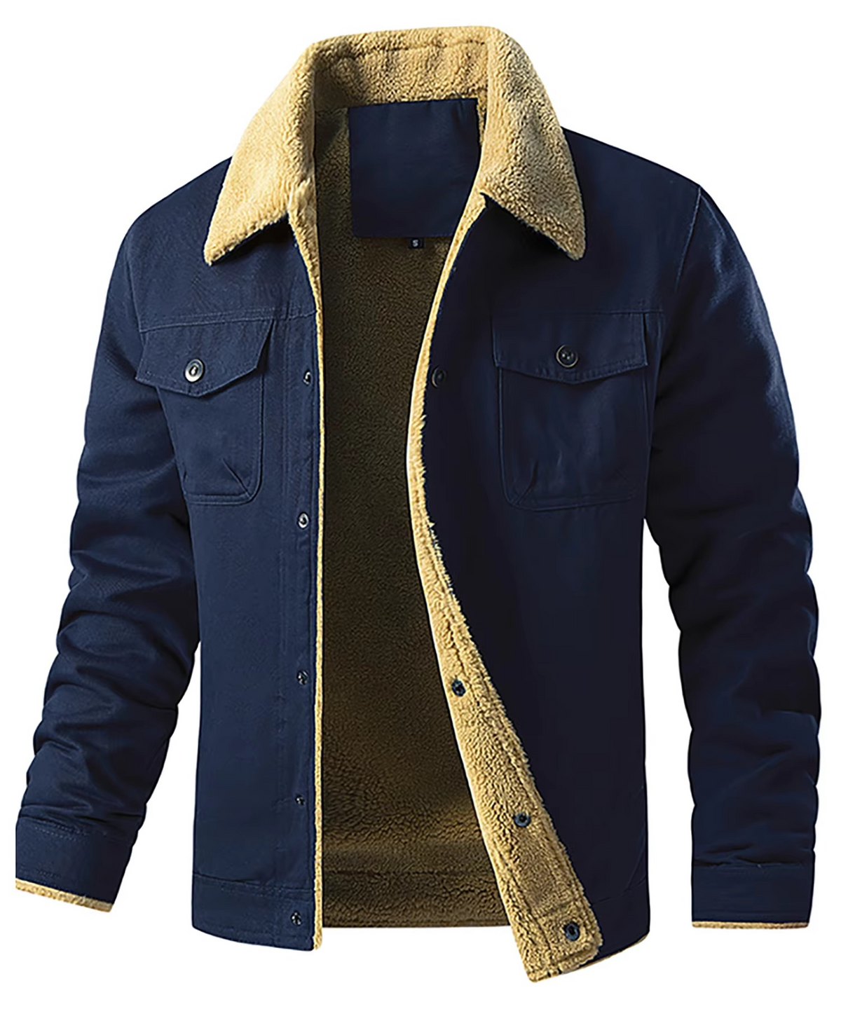 Men's black fleece lined winter jacket with faux shearling interior, warm insulated everyday outerwear