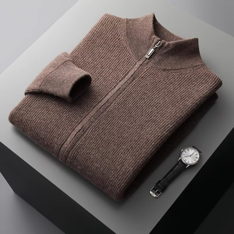 Men's charcoal wool zip-up cardigan stand collar thick knit winter sweater jacket
