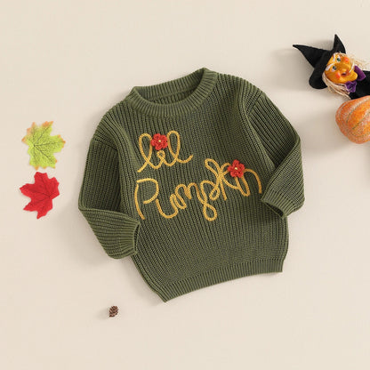 Kids' Halloween knit sweater with long sleeves featuring pumpkin and ghost embroidery
