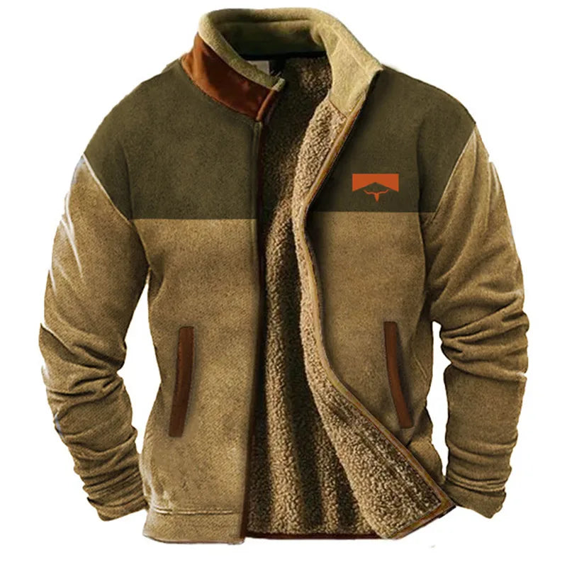 Men's relaxed fit color block sherpa lined fleece jacket with zipper pockets in neutral tones