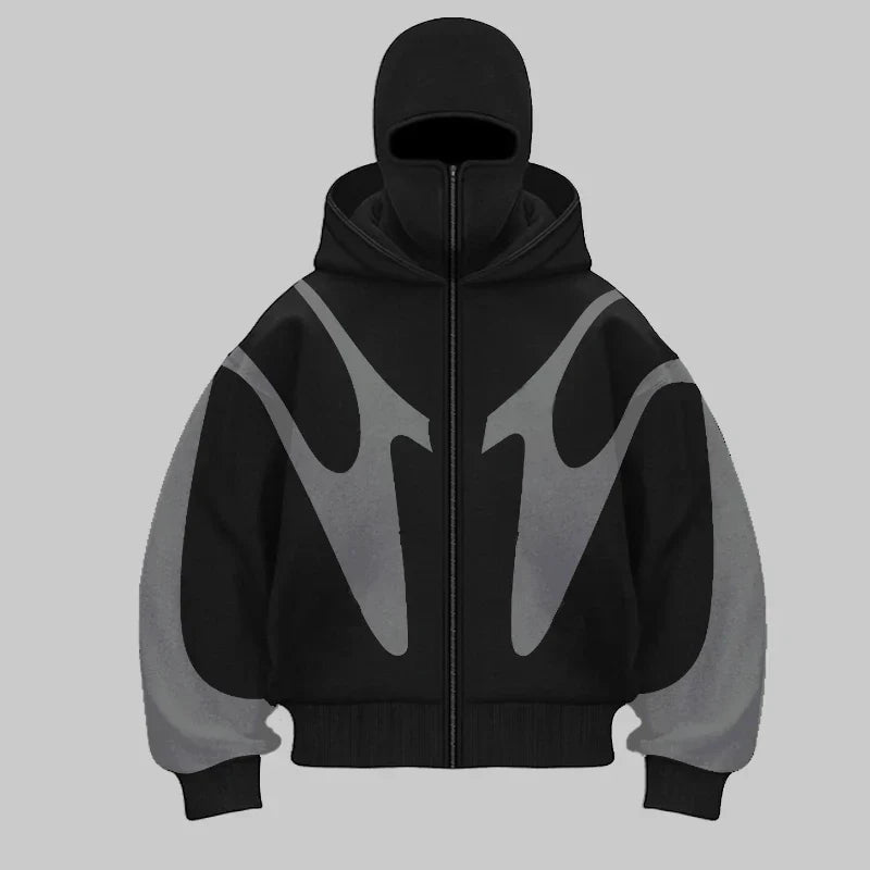 Black heavyweight hoodie with built-in full-face balaclava and bold spliced design for ultimate protection