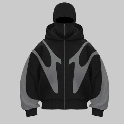 Black heavyweight hoodie with built-in full-face balaclava and bold spliced design for ultimate protection