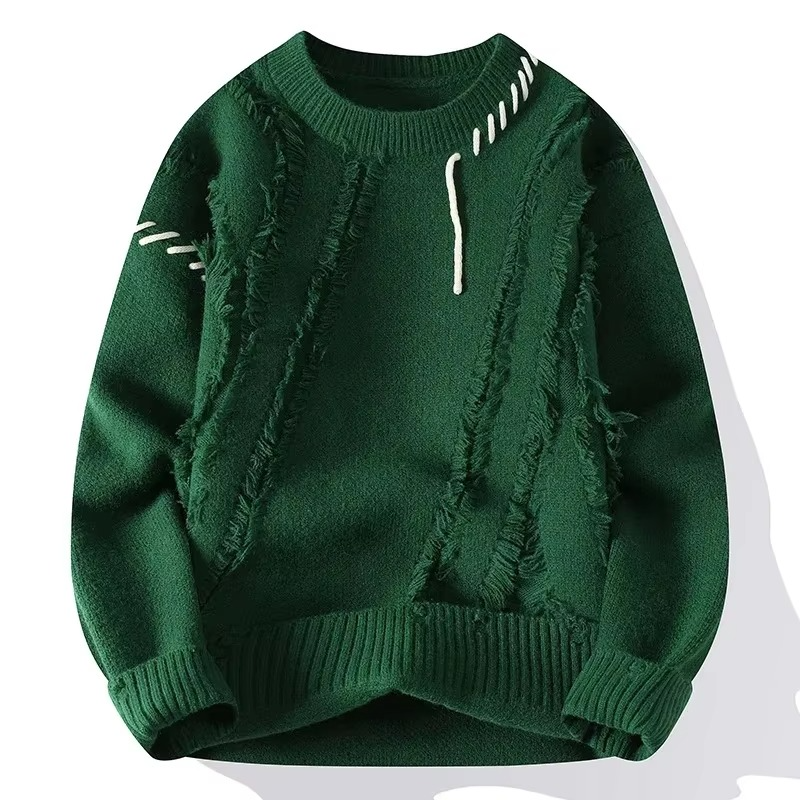 Men's ripped knit pullover sweater streetwear hip hop distressed texture warm winter autumn