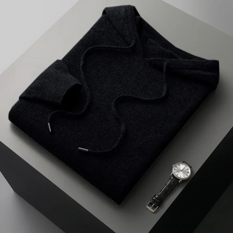 Castillo merino wool pullover hoodie in neutral tone, tailored slim fit with cashmere-like softness