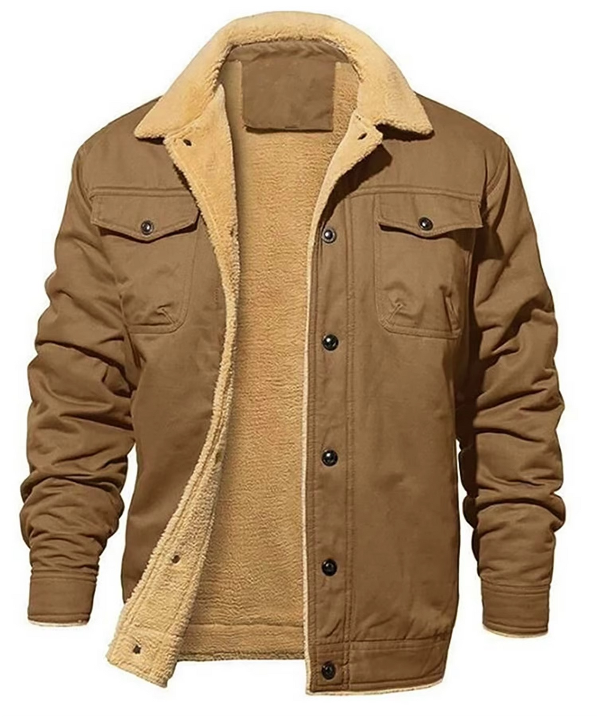 Men's black insulated winter jacket with faux shearling fleece lining, slim fit, warm everyday outerwear